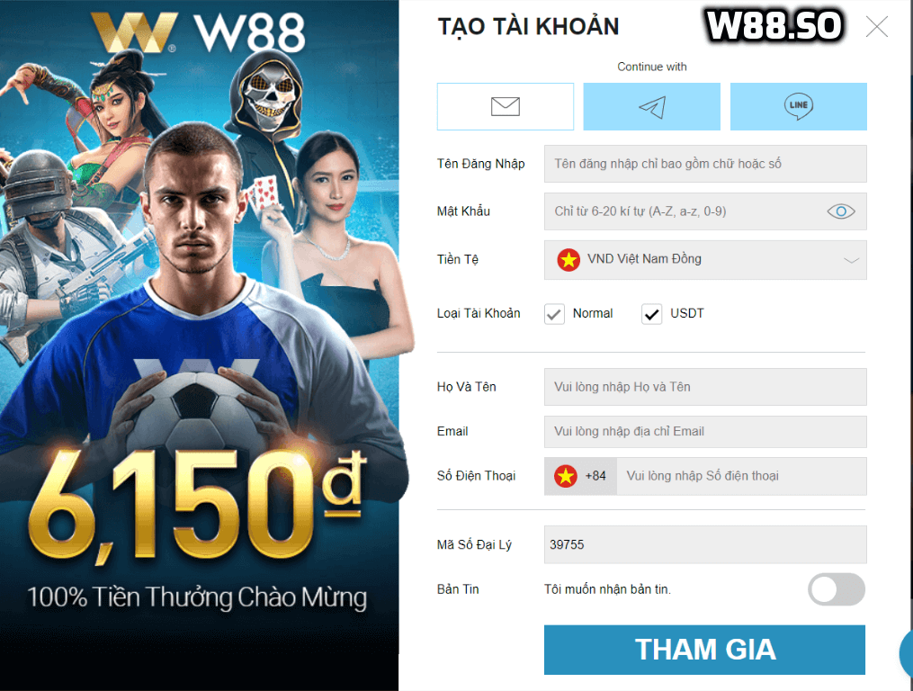 Biểu mẫu đăng ký tài khoản W88