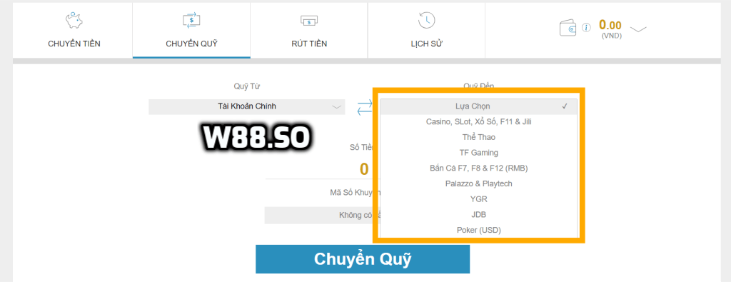 Chuyển quỹ sang tài khoản chính W88