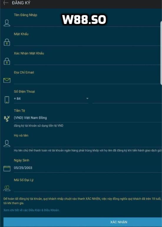 Giao diện đăng ký W88 trên web di động