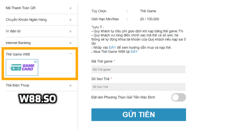 Nạp bằng thẻ game w88